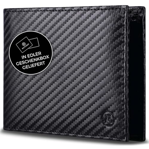 RUTAKO Leder Geldbörse Herren mit RFID Schutz - Portemonnaie Groß mit Münzfach - 12 Fächer - Geldbeutel für Männer - Brieftasche Wallet Portmonee Carbon-Schwarz