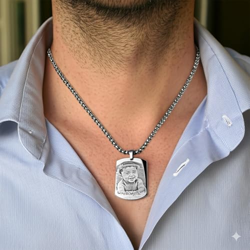 Personalisierte Halskette mit Fotogravur | Rechteckige Edelstahl-Plakette für Männer & Frauen | Geschenk mit Bildgravur