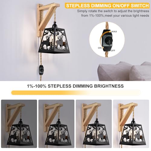 Image of Plug in Wall Light,Rustic Deer Dimmable Wall Sconce with Wood Shelf Bracket,Farmhouse Black Wall Sconces Set of Two,Metal Wall Light Fixtures,Vintage Wall Lamps for Living Room,Bedroom,Bedside