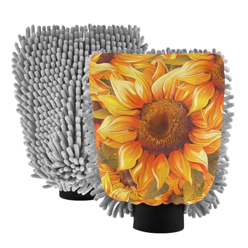 IOACIY Absorbent Microfiber Car Wash Drying Mitts, 2 Pack, Scratch-Free & Lint-Free, Rich Foam, Highly Absorbent, Double Sided, Wash Mitt Perfect for Car Washing, M, Sunflower (21)