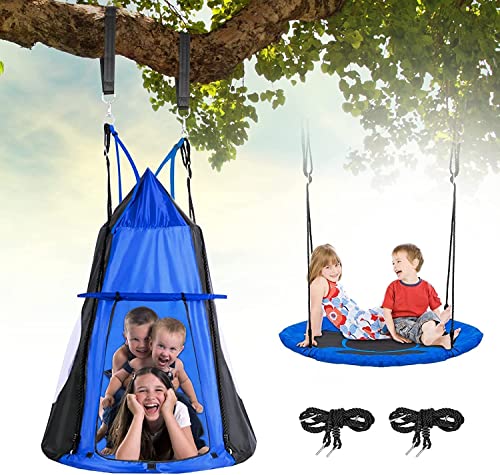 ARTETHYS Nestschaukel mit Abnehmbarem Zelt, Tellerschaukel Hängeschaukel Rundschaukel Ø 100cm Schaukel bis 150kg Belastbar Verstellbar Schaukel für Kinder & Erwachsene Blau Cover