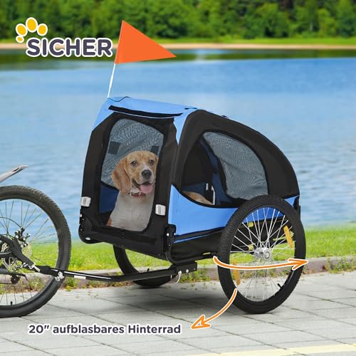 PawHut Hundeanhänger Faltbar Fahrradanhänger für Hunde Hundefahrradanhänger mit Sicherheitsleine, Reflektoren, Flagge, Aufbewahrungstasche für Hunde bis 30 kg Blau