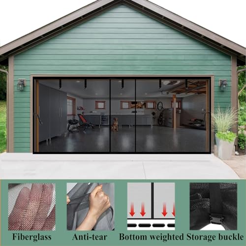 Image of Magnetic Door Screen Black 16x8ft for 2 3 Car Carport Garage Patio Porch | Retractable Fiberglass Privacy Mesh, Weighted Bottom, Kids & Pets Friendly, Easy Installation, Windproof, Repair Pieces