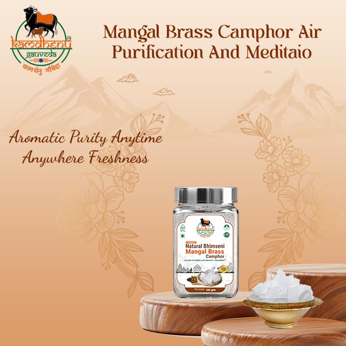 Image of KG Natural Bhimseni Mangal Brass Camphor | 100% Pure Organic Solid Kapoor | First Lab Tested | for Electric Diffuser, Havan, Aarti & Aromatherapy | Premium Glass Jar with Steel Cap (125g, Pack of 1