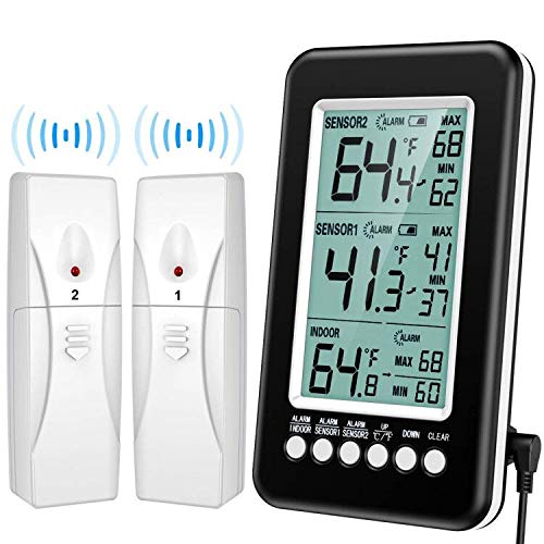 (Upgraded Version) Brifit Refrigerator Thermometer, Wireless Digital Freezer Thermometer with 2 Sensors, Indoor