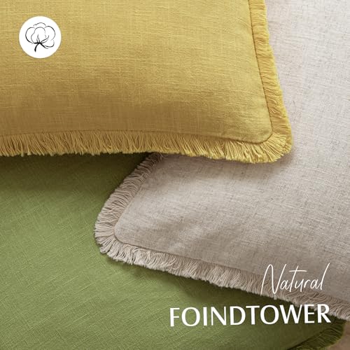 Image of Foindtower Set of 2 Decorative Linen Fringe Throw Pillow Covers Cozy Boho Farmhouse Cushion Cover with Tassels Soft Accent Pillowcase for Couch Sofa Bed Living Room Home Decor,18x18 Inch,Ginger Yellow