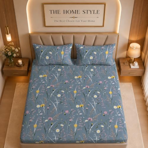 Image of THE HOME STYLE Supersoft Glace Cotton Elastic Fitted All Around King Size Printed Double Bedsheet with 2 Pillow Cover & King Size Comforter /Duvet /Blanket (72 inchx78 inch + Comforter, Bluebell Whisper)