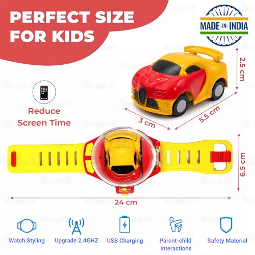 Image of Kidology 2-in-1 RC Watch Mini Car for Kids 4+ Years | Wear & Race Remote Control Car Toy | One-Click Launch with 2.4G Control & LED Lights | USB Rechargeable Wrist RC Car | Gift for Boys & Girls