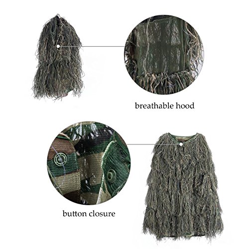 Pinty Ghillie Suit 3D 4-Piece with Bag Camouflage Camo Tactical Hunting Forest Woodland Dark Green ML