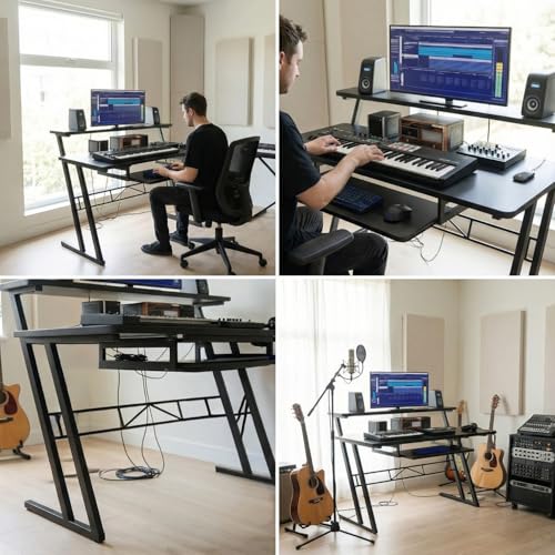 Image of FFO Music Studio Desk with Keyboard Tray | Multipurpose Work Desk for Home Office | Computer Table for Home, Office & Music Production | Laptop PC Workstation | Black | 120L x 60W x 100H CM | DIY
