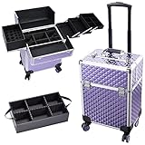 Stagiant Aluminum Rolling Makeup Train Case Large Organizer Cosmetic Trolley 4 Tray Sliding Rail Removable Middle Layer with Key Spinner Wheels Salon Barber Storage Case - Purple Diamond
