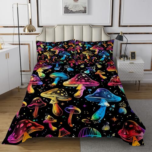 Manfei Mushroom Kids Bedspread King Size,Glitter Starry Sky Trippy Coverlet Set,Boys Girls Room Decor,Tie-dye Graffiti Botanical Plants Rustic Quilted Coverlet,Colorful Bedding Quilt,2 Pillowcases