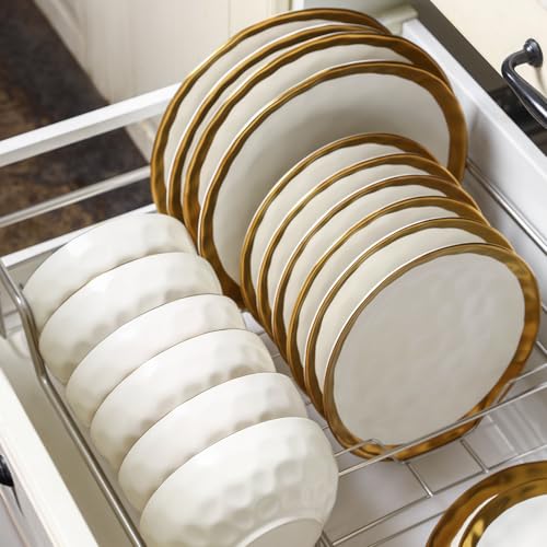 Image of vicrays Ceramic Salad Bowls Set for Kitchen, Serving - 24 Ounce Soup Bowls, Pasta Bowls, Chip Resistant, Dishwasher Safe, NOT Microwave Safe, Fluted, Stoneware, Set of 6 (White with Golden)