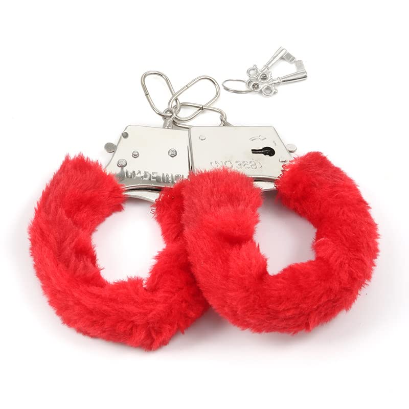 Image of Furry Sex Handcuffs with Keys,Adjustable Ankle Cuff Bracelets,Stainless Sex Bondage Restraints,SM Plush Bondage Fetish Handcuffs,Adult Couples Sex Toys,Cosplay Party Stage Police Costume Prop (Red)