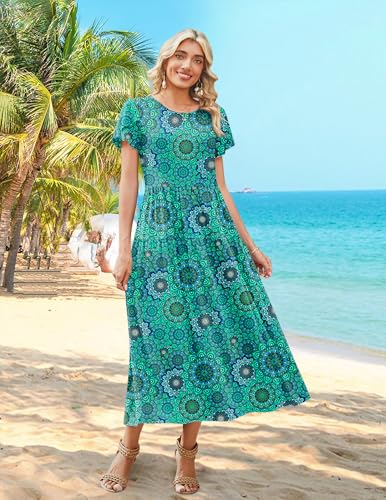 Image of Zeagoo Summer Dresses for Women 2026 Maxi Bohemian Floral Short Sleeve Long Dress Casual Flowy Tired Beach Sundress