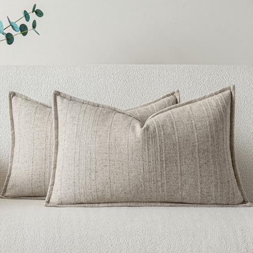 a moment Linen Pillow Covers Set of 2,Boho Farmhouse Throw Pillowcases Neutral Textured Decorative Covers for Couch Sofa Bed, Soft Linen Blend Accent Case Cushion Living Room Home Decor 20"x12"Khaki