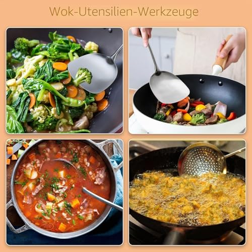 Foto von FJNATINH Wok-Pfannenwender und Schöpflöffel, Werkzeugset, 43,2 cm, Pfannenwender für Wok, 304 Edelstahl
