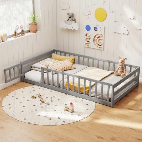 Image of KOMFOTT Twin Size Wood Floor Bed with Door & Fence, Montessori Bed Frame with Full Length Safety Guardrails, Door & Latch, Wooden Montessori Floor Bed for Kids, Girls, Boys (Grey, Twin)