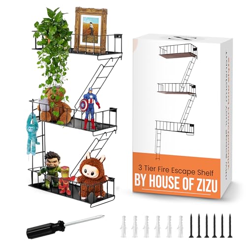 HouseofZizu Fire Escape Shelf 3 Tier Action Figure Shelf with Screws & Screwdriver New York Metal Decorative and Unique Rustic Trinket Shelves for Home Dcor & Bedroom Black