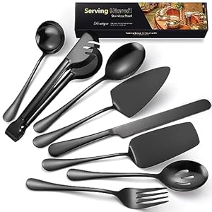 AARAINBOW Exquisite 8 Pieces Serving Utensils Set, Stainless Steel Serving Utensils Large Hostess Serving Set with Serving Spoons, Serving Tongs, Serving Fork, Cake Knife for Parties Buffet (8 Black)…