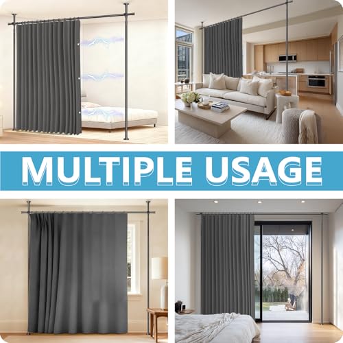 Image of JILRON No-Drill Divider for Room Separation Set: Includes 106 inch W x 96 inch L Grey Curtain & Adjustable Pole Brackets (35-100 inch W x 43-120 inch H Adjustable Range)