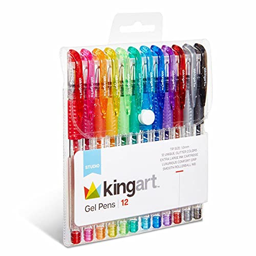 Image of KINGART 400-12 Glitter Rollerball Gel Pens, 12 Sparkling Colors with Soft-Grip Comfort, XL Ink Cartridge - More Ink, Great for All Ages, Writing, Coloring, Doodling, Scrapbooking, Journaling & More