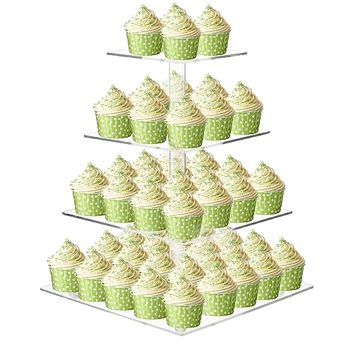 ECOSEAO Alzata per cupcake a 4 ripiani, trasparente, quadrata, in acrilico, torre per pasticceria, per matrimoni, compleanni (30,5 cm)