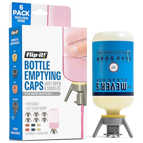 Flip-It! Bottle Emptying Kit 6 Bottle Pack - No more wasted product - Fits most plastic bottles 6 Base Caps 6 Adapters Pastel Color Edition