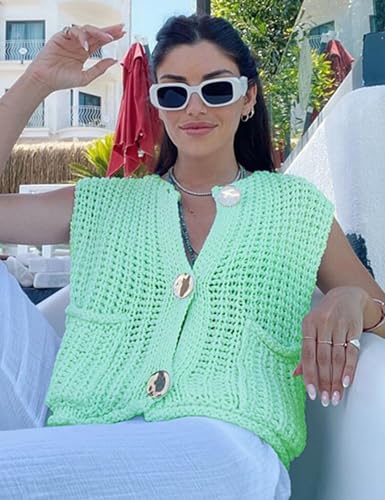 Image of Women's Sleeveless Chunky Knit Top Casual Cropped Button Down Sweater Vest Open Front Cardigan with Pockets