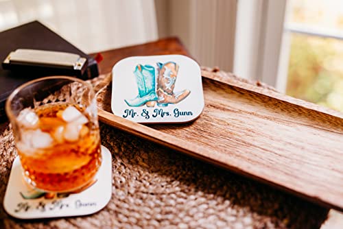 Western Wedding Gift for Couple, Personalized Drink Coaster Set with Holder, Valentines Day Present3