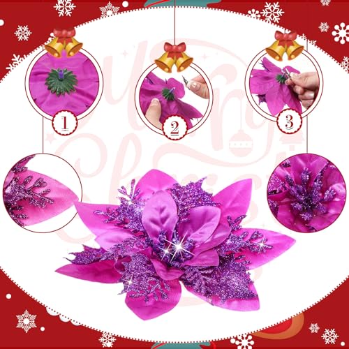 Geosar 24 Christmas Glitter Artificial Poinsettia Flowers Xmas Poinsettia Artificial Wedding Flowers Decorations Xmas Tree Ornaments with Clips for Party Favors 6 Inch - Image 3