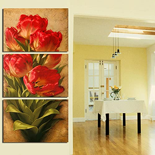 Peinture murale fleurs rouges en impression sur toile triptyque sans cadre de taille 50x70cm