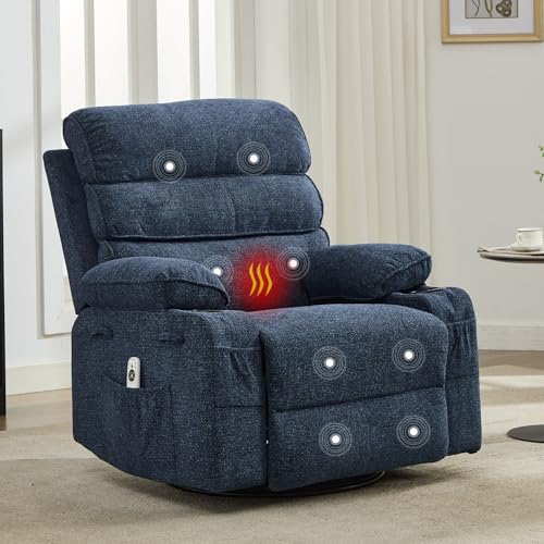 Image of 360 Swivel Rocking Recliner Chair, Upholstered Linen Glider Nursery Chair with Side Pockets, Comfortable Lazy Recliner Single Sofa for Living Room & Small Spaces,Blue