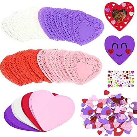 Hifunwu Valentines Day Crafts with 100 Heart Doilies, 20 Foam Hearts, 2 Bag Foam Heart Stickers and 1 Sheet Rhinestone Sticker Valentine Crafts Gift for Valentines Day Decorations and Party Supplies Cover