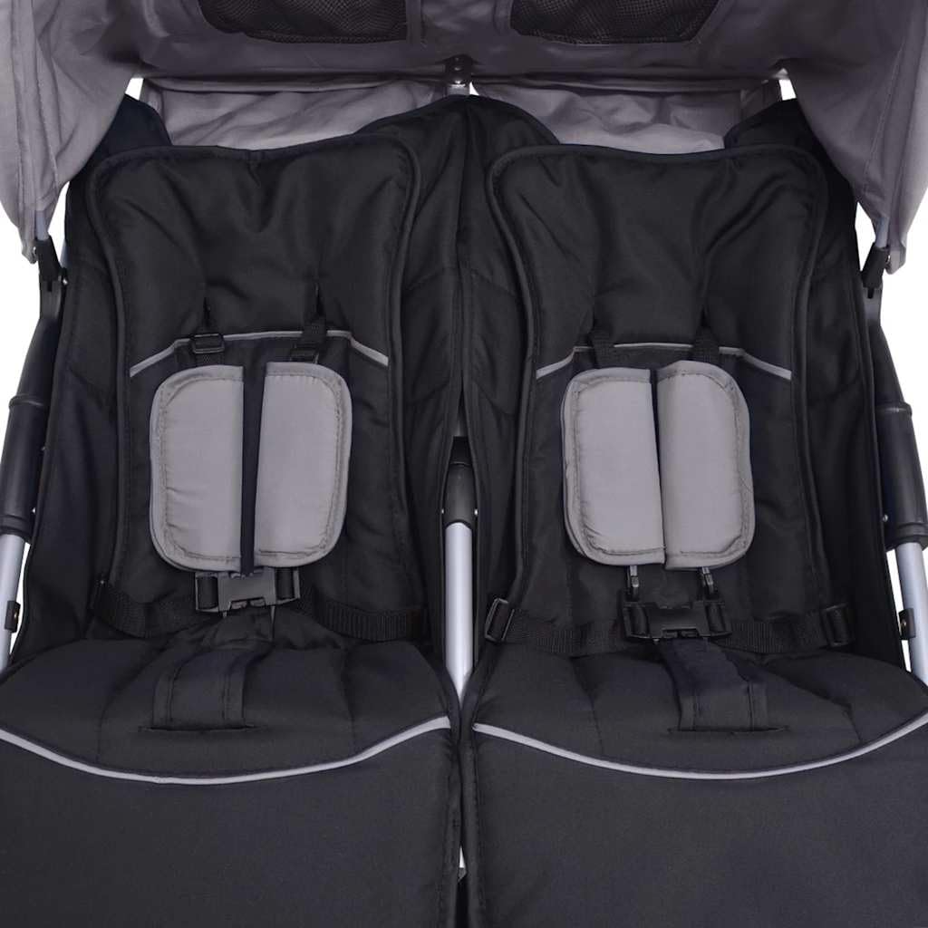 Poussette Double, Poussette Deux Places pour Jumeaux Pliable Acier Gris et noir