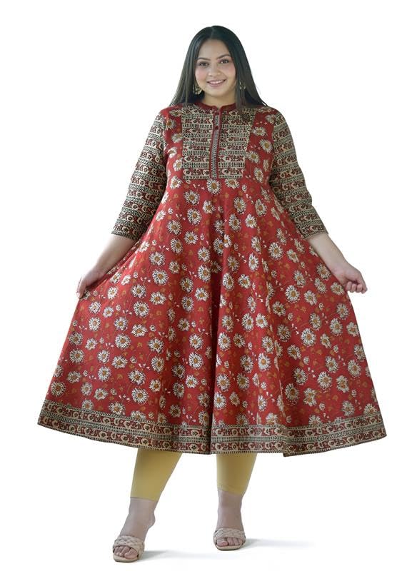 Image of Yash Gallery Women's Cotton Relaxed Fit Anarkali Floral Printed Kurta