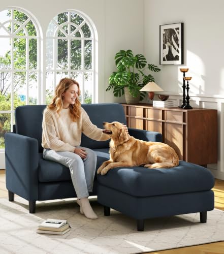Image of Welzona Loveseat Sofa with Ottoman, 51 inch Small L Shaped Teddy Couch Sofa | Comfy Teddy Fabric, Tool-free Setup, Washable Covers, All-wood Couch Sets for Living Room, Bedroom, Small Spaces, Blue Grey