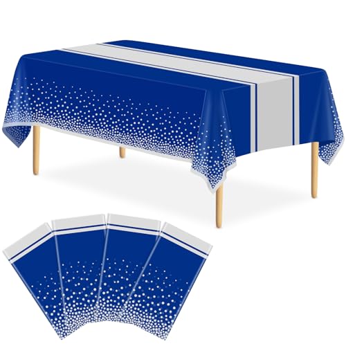 Image of 4 Pack Blue and Silver Tablecloth Party Decorations Plastic Blue Tablecloth Printed Silver Table Runner 54 x108 Inch Disposable Rectangle Table Cover for Birthday Wedding Graduation