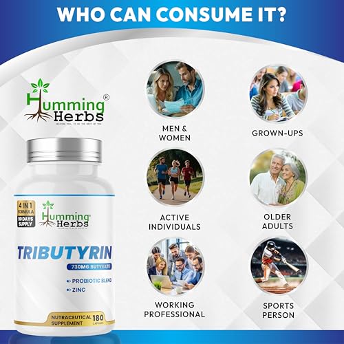 Image of Humming Herbs Tributyrin 95% Pure | 730 mg Butyrate | With Zinc, FOS & Probiotic Blend & FOS | 180 Veg Capsules | Nutraceutical Supplement