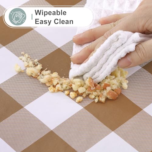 Image of misaya Round Waterproof Vinyl Table Cloth, Buffalo Flannel Backed Tablecloth, Wipeable Plastic Table Cover for Dinner, Kitchen, Picnic (60 inch, Brown and White)