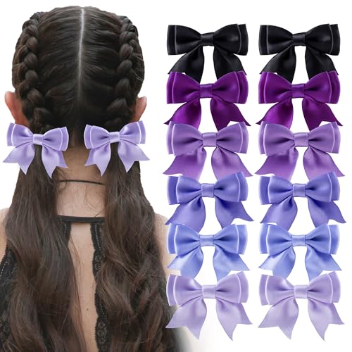 12Pcs Hair Bows Clips for Women Silky Satin Cute Bow Clips for Girls Short Tail Hair Ribbon Alligator Barrettes French Hair Accessories(Black/Purple)