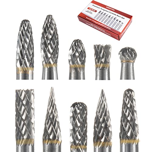 Image of HIDOTOL Carbide Burr Set 10PC 1 /4 inch Shank - 6mm Tungsten Double Cut Carbide Rotary Burr Set for Metal and Wood Carving, Grinding, Polishing, Engraving, Drilling.