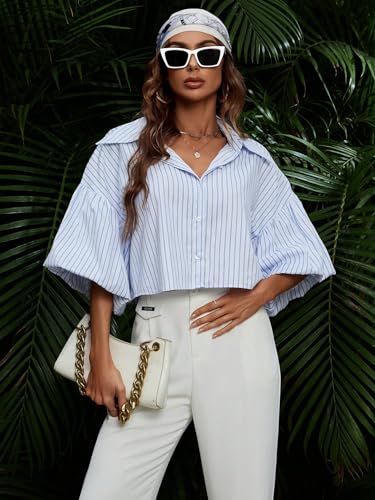 Verdusa Women's Striped Puff Sleeve Crop Blouse Tops Drop Shoulder Button Up Shirts Concert Festival Outfits4