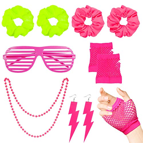 WATINC 10Pcs 80's Retro Neon Costume Outfit Accessories for Women 80s Hair Scrunchies for Hair Pink Shutter Glasses Fingerless Fishnet Gloves Flash Earrings Necklace Party Supplies