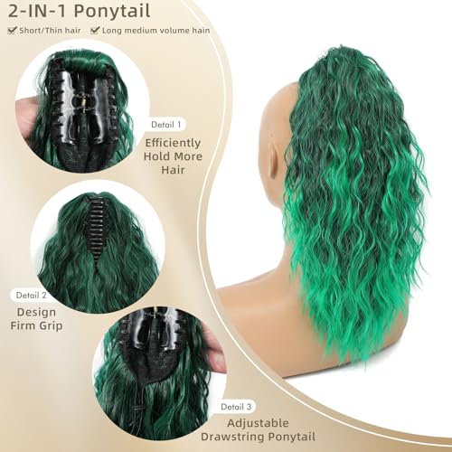 Image of Claw Clip Ponytail Extension 16In Long Wavy Curly Hair, Ombre Green