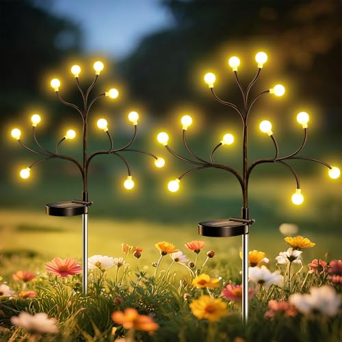 FIFlying Solarleuchten für Außen Garten 2 Stück 12 LEDs Baumförmige Firefly Gartenbeleuchtung 2 Modi Flexible Form IP65 Wasserdicht Solarlampen für Außen Balkon Terrasse Vorgarten Weg