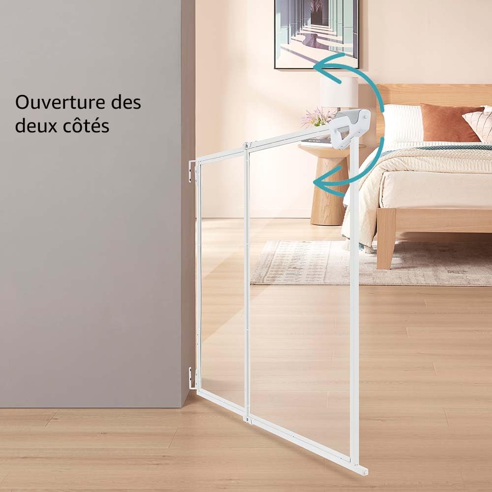 unipaws Barrière Transparente pour Chiens et Chats sans Barre au Sol, Ouverture Double Sens à Une Main, Usage intérieur/extérieur, pour Portes et escaliers, réglable 71–110 cm, Hauteur 76 cm