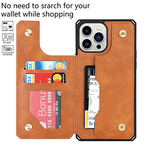 Image of Cavor for iPhone 14 Pro Case with Card Holder,for iPhone 14 Pro Wallet Case for Women Men,Phone Case for iPhone 14 pro with Stand Credit Card Holder, Leather Strap Shockproof Cover-Light Brown