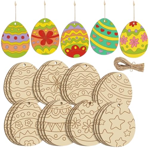 24 Pcs Unfinished Wooden Easter Egg Ornaments to Paint, DIY Blank Wood Cutouts with 8 Pre-Drawn Patterns and Twine, Spring Craft Wood Slices for Hand-Painted Art, Tree Hanging Decorations