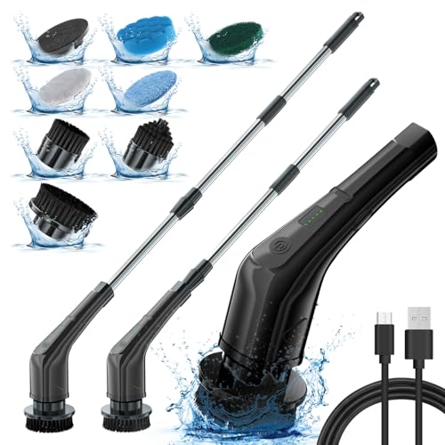 Fregadora giratoria eléctrica, Cepillo de Limpieza eléctrico con 8 Cabezales de Cepillo reemplazables, rotación de 2 velocidades, fregadora eléctrica inalámbrica con Mango Ajustable y Desmontable
